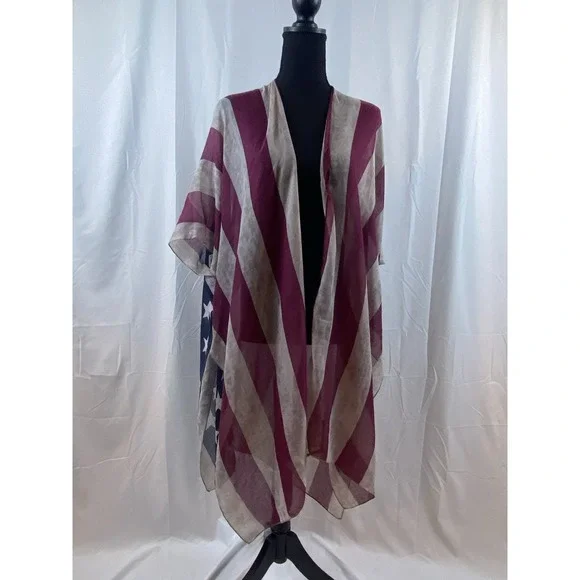 New Americana Red Blue Lightweight Rayon Cardigan Women's One Size - Picture 10 of 10